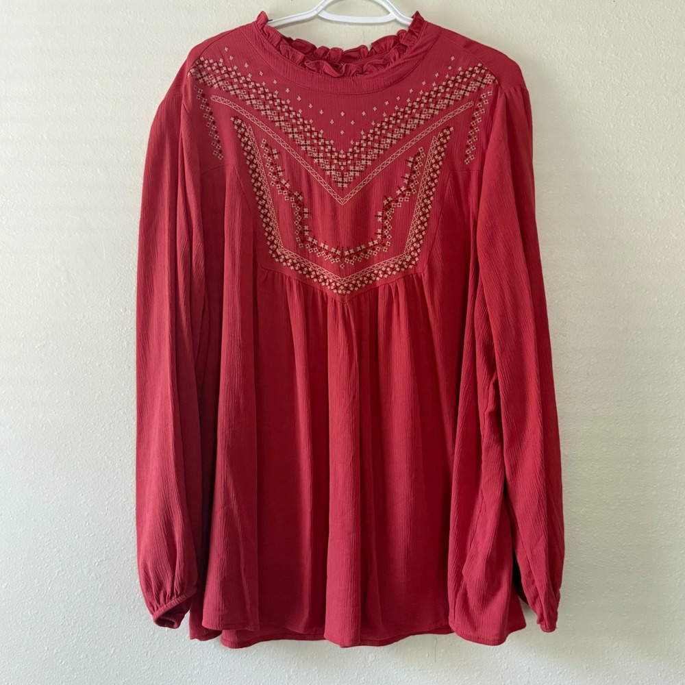 Torrid Red Embroidered Ruffle Neck Long Sleeve Gauze Blouse size 2 2X